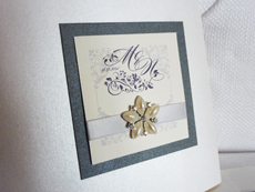 Invitation 916: Antique Pearl, Charcoal Pearl, Cream Smooth, Burgues Script, Phyllis, Silver Ribbon, Brooch/Buckle B