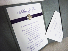 Invitation 917: Charcoal Pearl, Purple Pearl, White Smooth, Diplomat, Nuncio, Purple Ribbon, Brooch/Buckle I