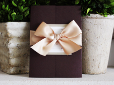 Invitation 918: Chocolate Linen, Gold Pearl, Cream Smooth, Swan Song, Papyrus, Champagne Ribbon