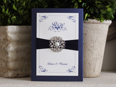 Invitation 920: Navy Pearl, Cream Smooth, Cotillion, Monotype Corsiva, Navy Ribbon, Brooch/Buckle Q