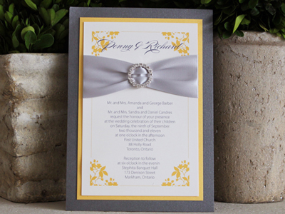 Invitation 922: Charcoal Pearl, Mango Pearl, Cream Smooth, Burgues Script, Myriad Pro Light, Silver Ribbon, Brooch/Buckle L