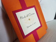 Invitation 924: Mandarin, Azalea, Cream Smooth, Passions, Lucida Calligraphy, Azalea Ribbon, Brooch/Buckle Pearl (Single)
