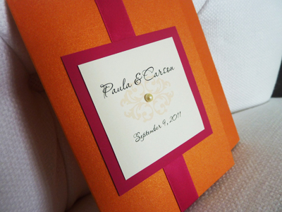 Invitation 924: Mandarin, Azalea, Cream Smooth, Passions, Lucida Calligraphy, Azalea Ribbon, Brooch/Buckle Pearl (Single)