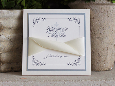 Invitation 926: White Gold, Chalice Silver Pearl, Cream Smooth, Burgues Script, Lucida Calligraphy, Cream Ribbon