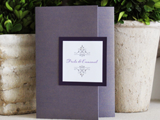 Invitation 928: Colbalt Pearl, Dark Purple, White Smooth, Passions, Myriad Pro Light, Brooch/Buckle Rhinestone