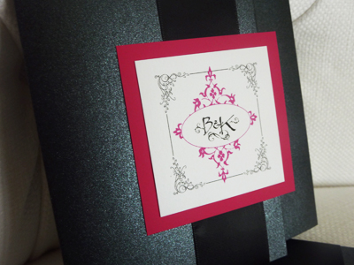 Invitation 929: Black Pearl, Azalea, White Smooth, Rosemary Roman, Adobe Jenson Pro Light, Black Ribbon