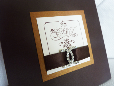 Invitation 930: Chocolate Linen, Cognac, Cream Smooth, Yves Script, Phyllis, Brown Ribbon, Brooch/Buckle E
