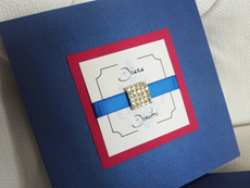 Invitation 934: Royal Blue Pearl, Azalea, White Smooth, Missiva, Calligraph 421, Royal Blue Ribbon, Brooch/Buckle I