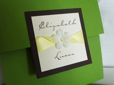 Invitation 936: Lime Linen, Chocolate Smooth, Cream Smooth, Carpenter, Ambient, Canary Ribbon, Brooch/Buckle Rhinestone