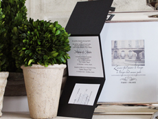 Invitation 913: Black Pearl, Black Linen, White Smooth, Beau Rivage, Monotype Corsiva, Black Ribbon, Brooch/Buckle U
