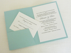 Invitation 915: Blue Aspire Pearl, Black Linen, White Smooth, Devon, Copperplate, Black Ribbon, Brooch/Buckle C