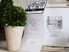 Invitation 919: Ice Pearl, Black Linen, White Smooth, Flemish Script, Myriad Pro Light, Black Ribbon, Brooch/Buckle K