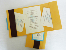 Invitation 933: Mango Pearl, Turquoise Pearl, Cream Smooth, CAC Champagne, Ambient, Brown Ribbon