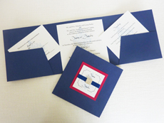 Invitation 934: Royal Blue Pearl, Azalea, White Smooth, Missiva, Calligraph 421, Royal Blue Ribbon, Brooch/Buckle I