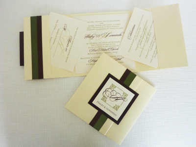 Invitation 902: Buttermilk Pearl, Chocolate Linen, Cream Smooth, Brown Ribbon, Sage Ribbon