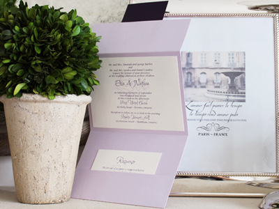 Invitation 907: Orchid Pearl, Dark Purple, Cream Smooth, Lavender Ribbon, Brooch/Buckle N