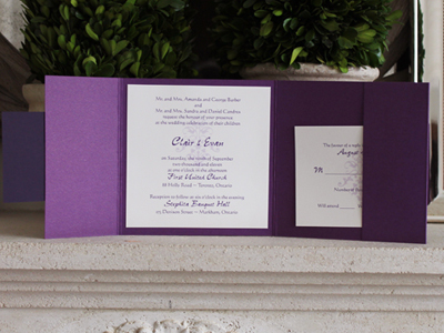 Invitation 911: Purple Pearl, Dark Purple, Cream Smooth, Purple Ribbon, Brooch/Buckle F