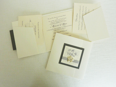 Invitation 916: Antique Pearl, Charcoal Pearl, Cream Smooth, Silver Ribbon, Brooch/Buckle B