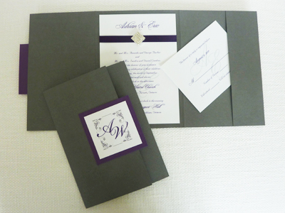 Invitation 917: Charcoal Pearl, Purple Pearl, White Smooth, Purple Ribbon, Brooch/Buckle I
