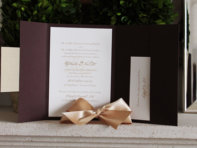 Invitation 918: Chocolate Linen, Gold Pearl, Cream Smooth, Champagne Ribbon