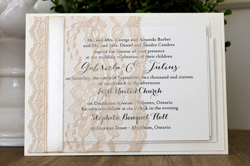 Wedding Invitation 1503: White Gold, Ivory Pearl, Cream Smooth, Bombshell Pro, High Tower, Cream Ribbon, Cream - Thin Lace