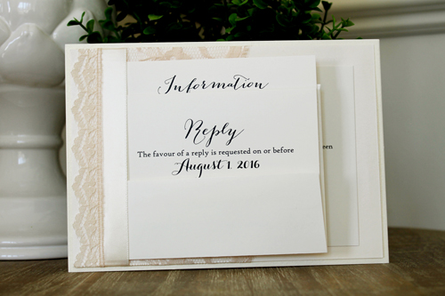 Invitation 1503: White Gold, Ivory Pearl, Cream Smooth, Cream Ribbon, Cream - Thin Lace - This invite uses a combination of our thick and thin lace as well as satin ribbon to create a pocket that holds the invitation wording detail.