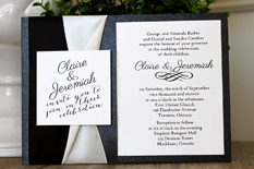 Wedding Invitation 1506: Black Pearl, Cream Smooth, Parisienne, High Tower, Black Ribbon, Antique Ribbon
