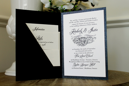 Wedding Invitation 1511: Black Pearl, Black Pearl, Cream Smooth, Mardian, High Tower, Deep Charcoal Ribbon