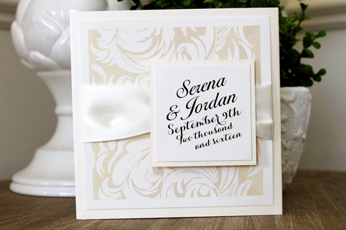 Wedding Invitation 1520: Ivory Pearl, Ivory Pearl, Cream Smooth, Cotillion, High Tower, Antique Ribbon