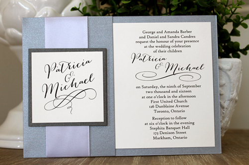 Wedding Invitation 1537: Galvanized Dark Silver, Charcoal Pearl, Cream Smooth, Bombshell Pro, High Tower, Lilac Mist Ribbon