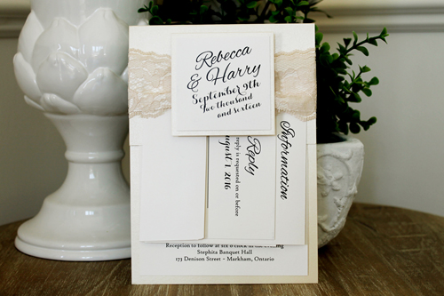 Invitation 1550: Buttermilk Pearl, Buttermilk Pearl, Cream Smooth, Cream Ribbon, Cream Lace - This invite has a unique layout because we have placed the ribbon and lace at the top of the invite card and printed the wording at the bottom.