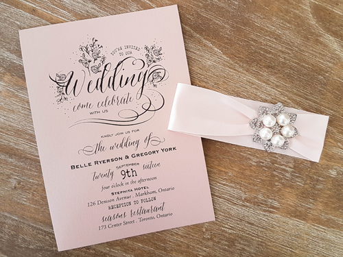 Invitation 1623: Blush Pearl, Blush Pearl, Blush Ribbon, Brooch/Buckle T - This is a single card wedding invite printed on a blush pearl paper with blush ribbon and brooch.