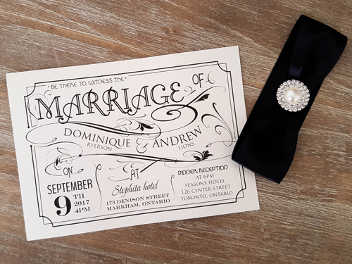 Invitation 1632: White Gold, White Gold, Black Ribbon, Brooch/Buckle G - This is a single card wedding invite in a landscape setup with a black ribbon and brooch.