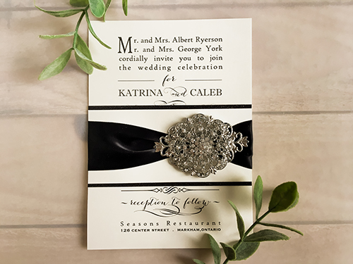 Wedding Invitation 1639: Ivory Pearl, Ivory Pearl, Black Ribbon, Brooch/Buckle X, Metal Filigree F4 - Silver