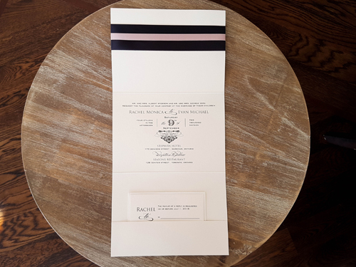 Invitation 1641: White Gold, White Gold, Deep Charcoal Ribbon, Deep Blush Ribbon, Brooch/Buckle A20 - This is a white gold pearl full flap pocketfolder wedding invite.  There are 2 ribbon stripes and brooch on the cover flap.