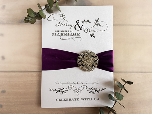 Wedding Invitation 1693: Ice Pearl, Ice Pearl, Purple Ribbon, Brooch/Buckle X