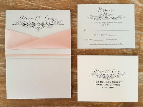 Wedding Invitation 1730: Silver Ore, Blush Pearl, Silver Ore, Deep Blush Ribbon