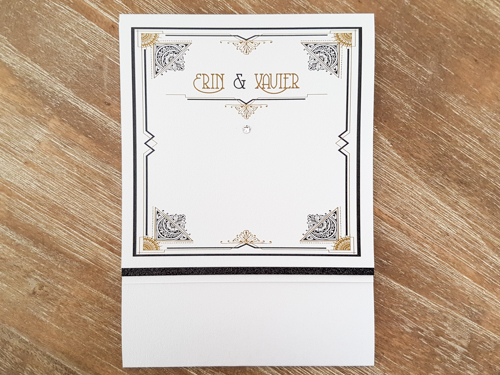 Invitation 1751: Ice Pearl, Black Glitter, Ice Pearl - This is a pocketfold style wedding card with an art deco theme layout design.  There is a thin black glitter backing on the cover flap.