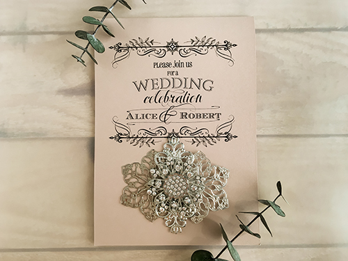 Wedding Invitation 1864: Blush Pearl, Blush Pearl, Brooch/Buckle A11, Metal Filigree F4 - Silver