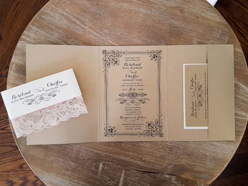 Invitation 1875: Gold Pearl, Gold Pearl, Cream - Thick Lace - This is a full cover pocket fold wedding invitation on gold pearl paper.  There is a belly band and lace wrapped around.