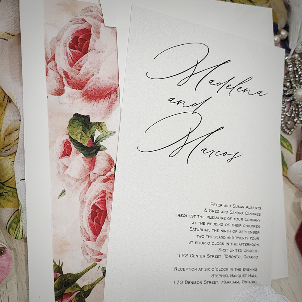 Invitation 2806: Ice Pearl - Single card wedding invitation with a floral printed pattern liner on the envelope.