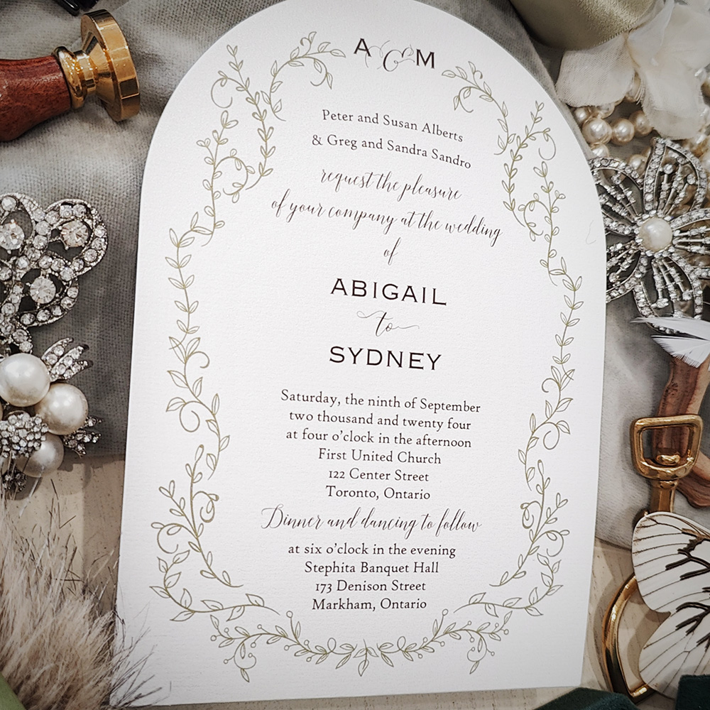 Invitation 2811: Ice Pearl - Arch shape cut wedding invitation printed on an ice pearl paper with a floral border.