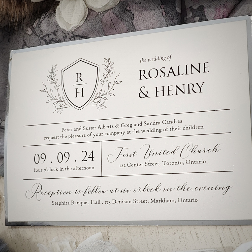 Invitation 2814: Antique Pearl, Silver Mirror - Layered wedding invite printed on an off white antique paper with a silver mirror backing.