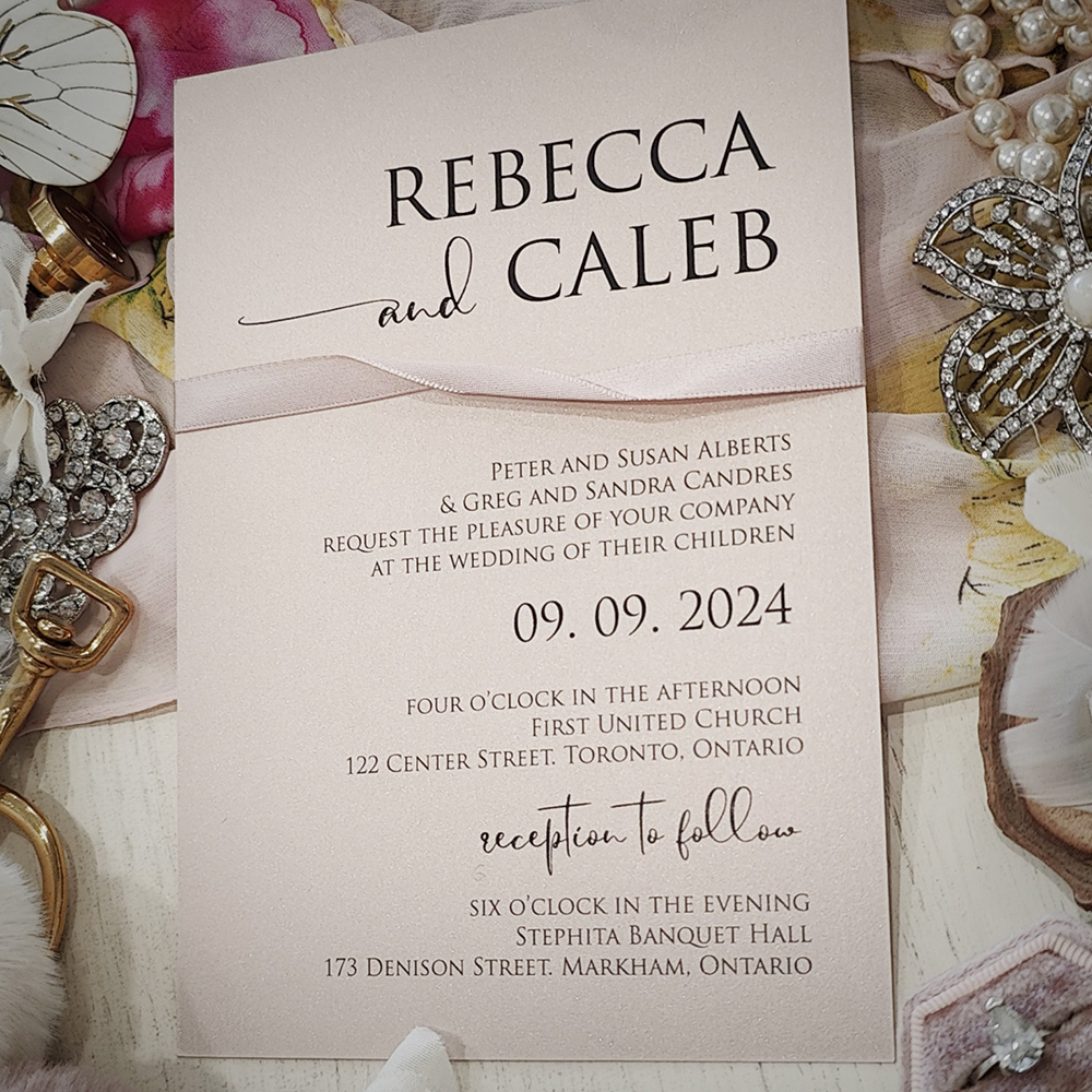 Invitation 2817: Blush Pearl, Blush Ribbon - Single card wedding invite with a thin blush ribbon around the card.