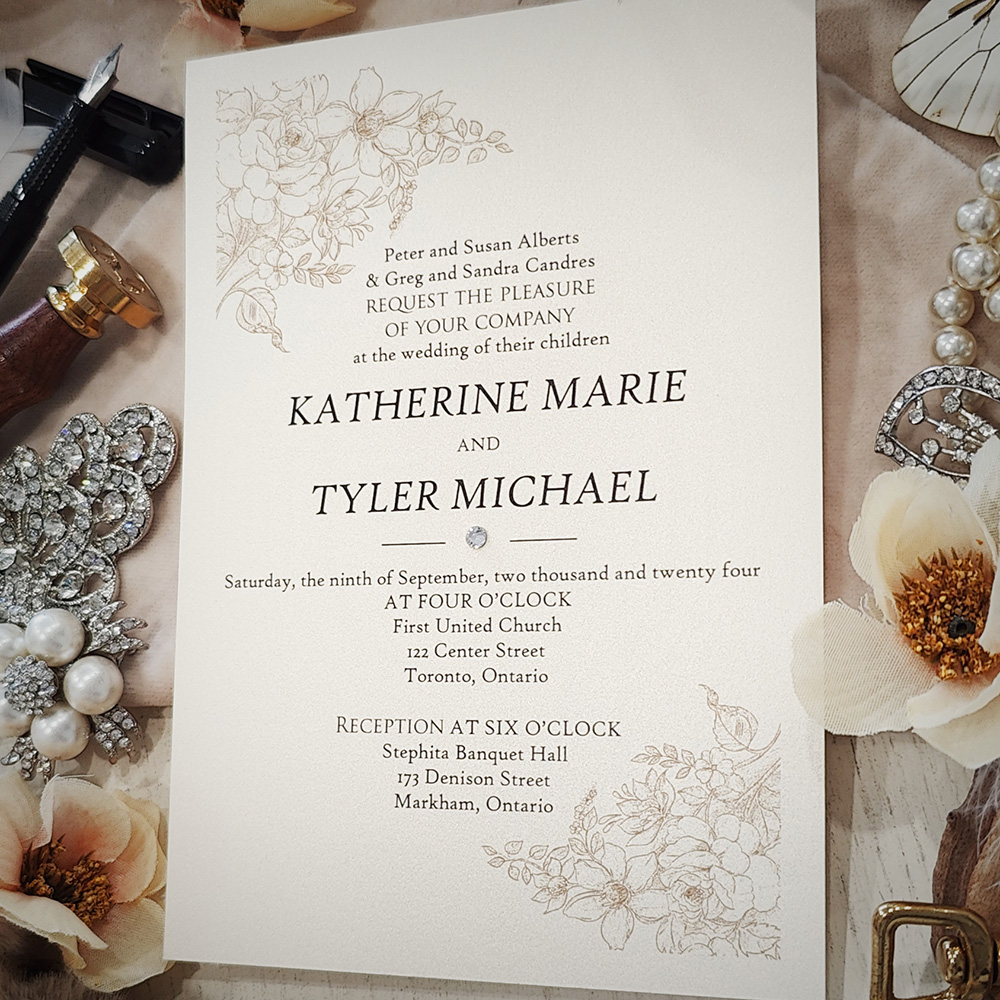 Invitation 2818: White Gold, Brooch/Buckle Rhinestone - Single card wedding invitation on a white gold pearl paper with a rhinestone.