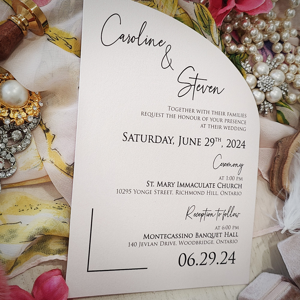 Invitation 2819: Ice Pearl - Semi arch shape cut wedding card printed on an ice pearl paper.
