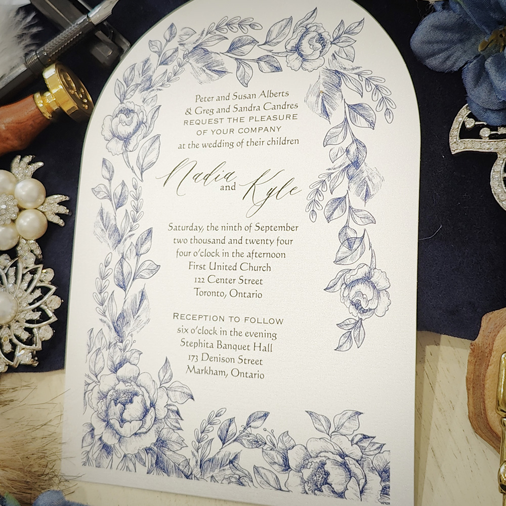 Invitation 2820: Ice Pearl - Arch shape cut wedding invite with a blue floral border pattern.