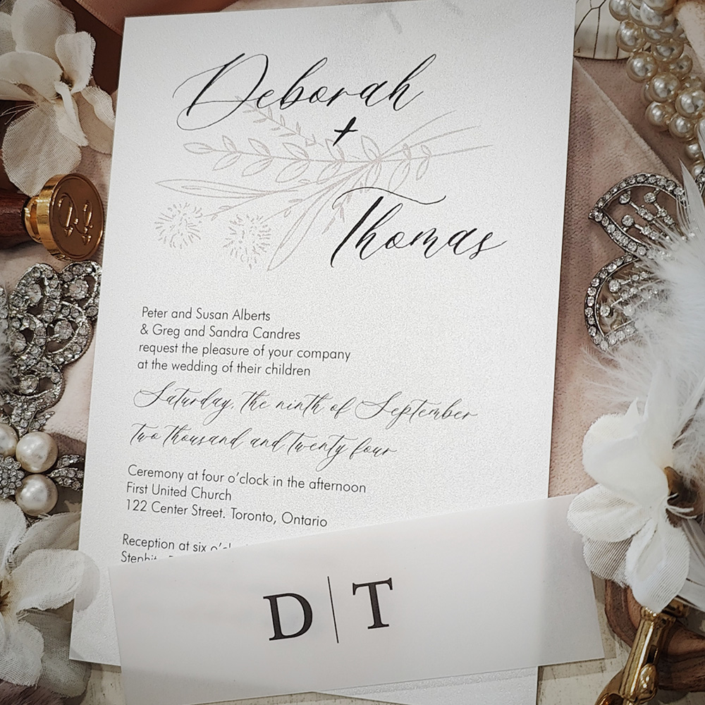 Invitation 2822: Ice Pearl - Single card wedding invitation on an ice pearl paper with a vellum belly band.