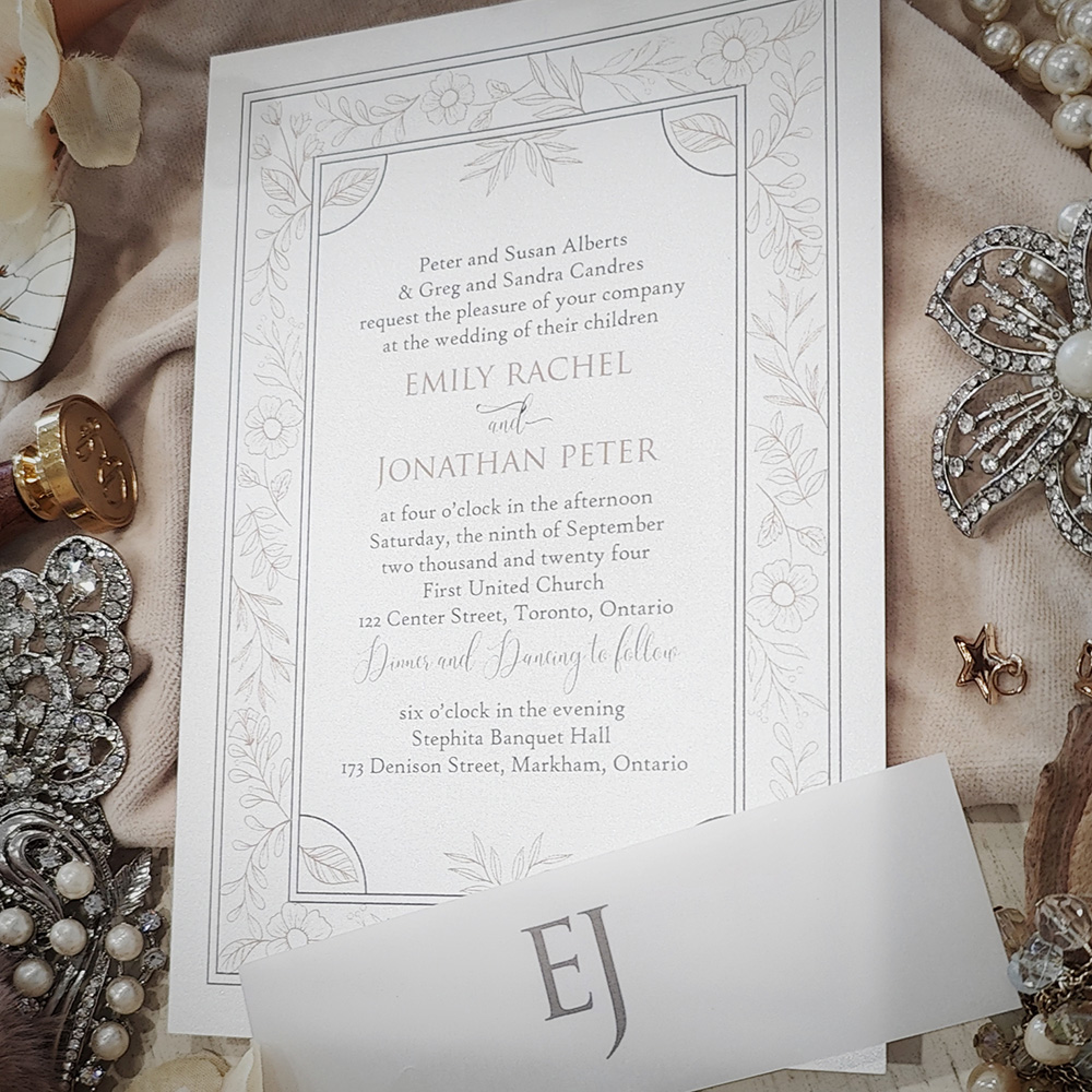 Invitation 2827: Ice Pearl - Single card wedding card on a white paper with a vellum belly band.
