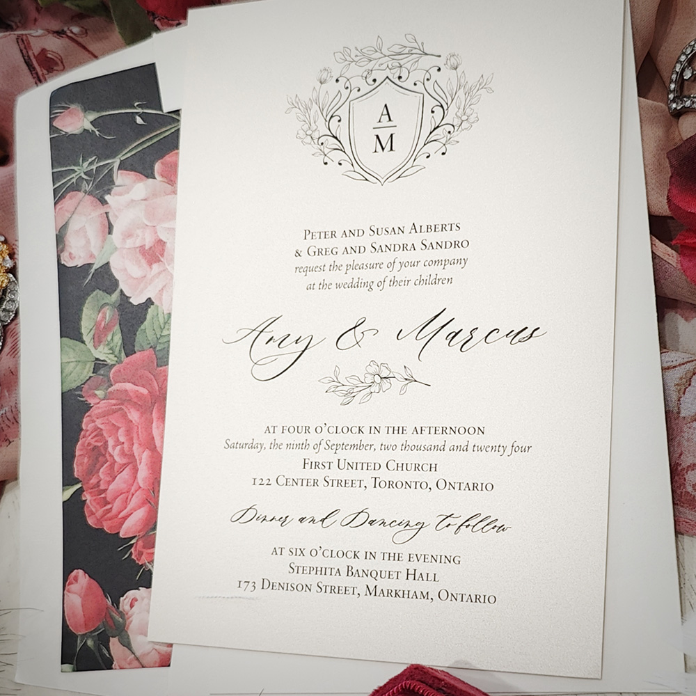 Invitation 2829: White Gold - Wedding card printed on an off white paper with a floral envelope liner.